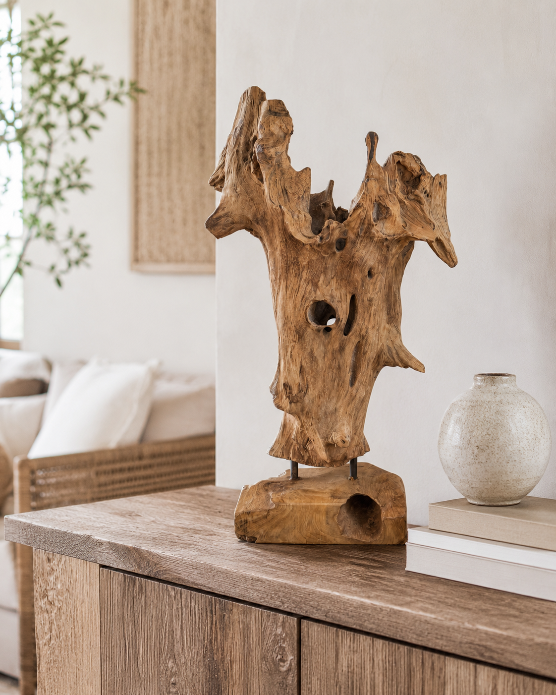 Teakholz Deko-Skulptur – Naturbelassenes Wurzelholz Unikat für Wohn- & Gartenbereiche