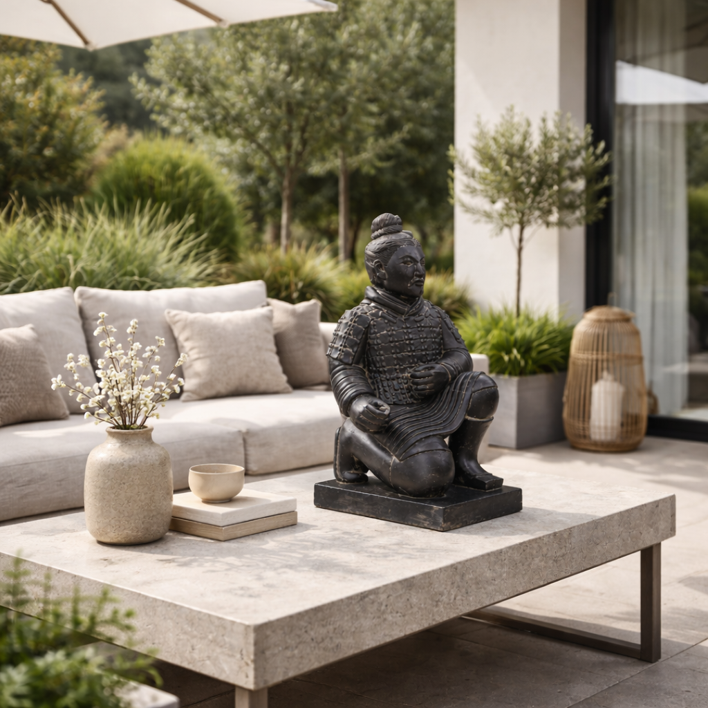 Krieger Statue kniend – Garten Wohnzimmer Deko Skulptur – Wetterfest – Steinoptik Terrakotta Krieger Figur schwarz gold – ca. 50 cm