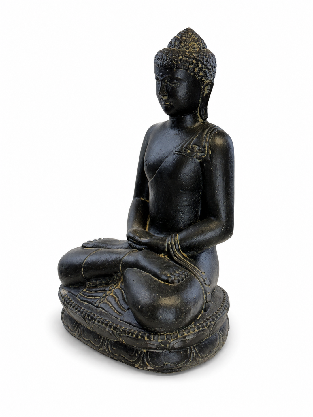 Stein Buddha Skulptur – Sitzende Buddha Figur – Schwarz-Gold – Handgefertigt, dekorativ und ausdrucksstark – 45x30x20 cm