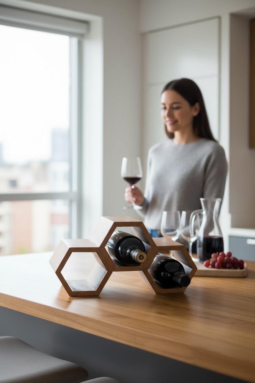 Casier à vin en bois – porte-bouteilles de vin – bar de cuisine salon – forme décorative en nid d’abeille – en bois de teck pour 3 bouteilles – 18 x 34 x 18 cm