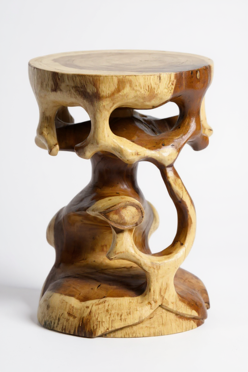 Table d'appoint en bois - tabouret en bois, tabouret à fleurs, tabouret - fait main - rond en style bonsaï, bois de Saman - 40x30x30 cm