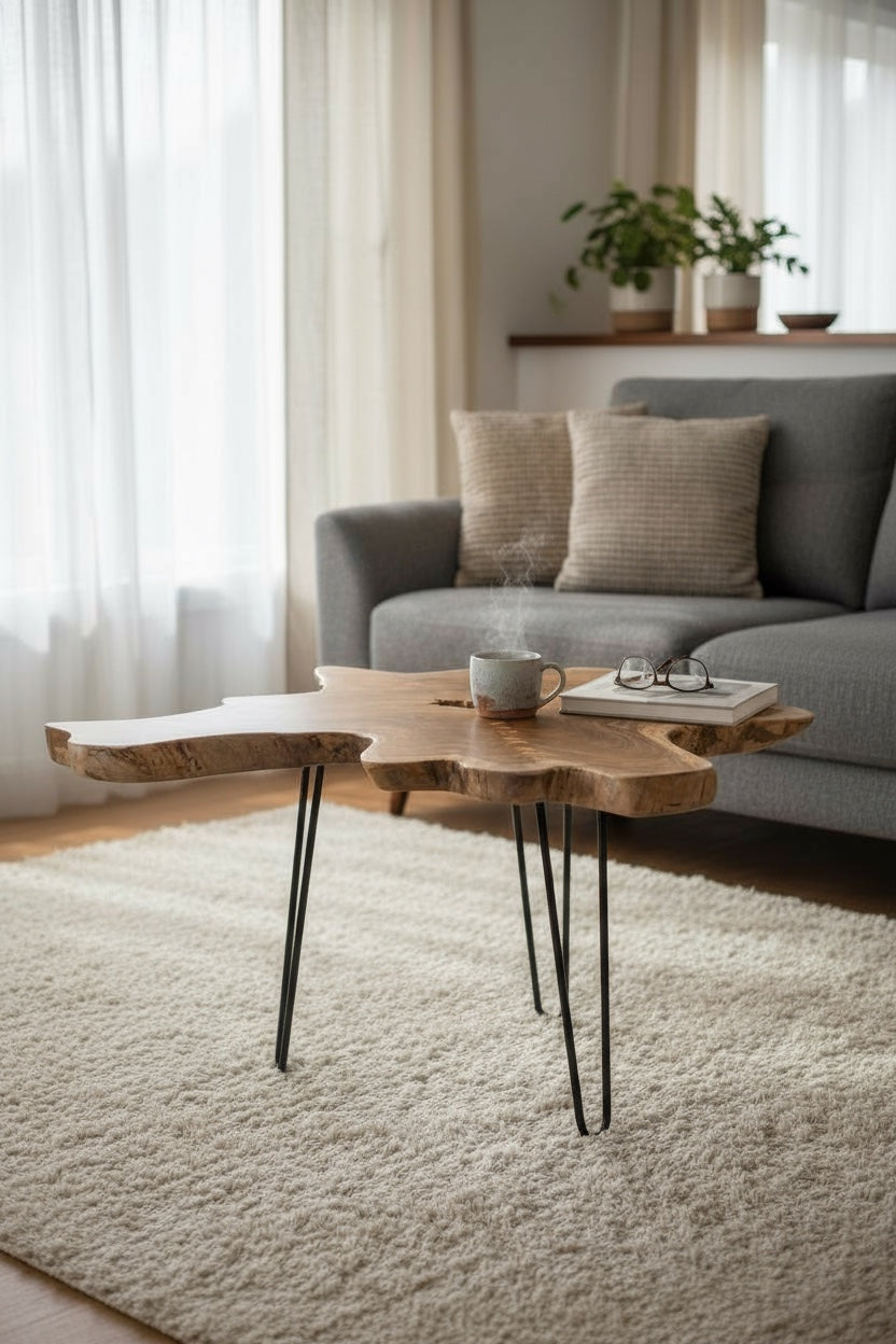 Table d'appoint en bois – table basse de rangement – fait main – plateau de table en coupe transversale d'arbre en bois d'if – 40-80x40-60 cm