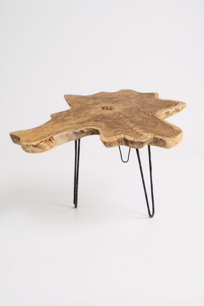 Table d'appoint en bois – table basse de rangement – fait main – plateau de table en coupe transversale d'arbre en bois d'if – 40-80x40-60 cm