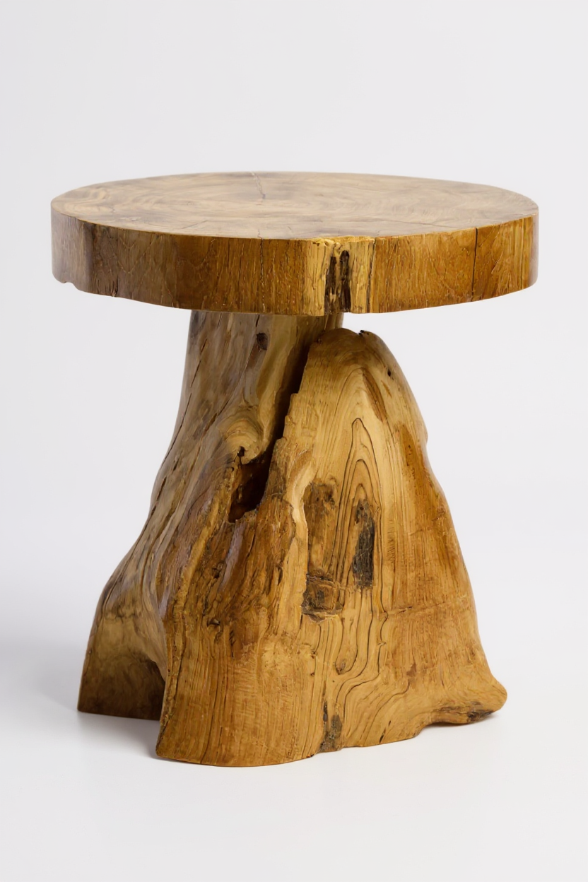 Tabouret en bois – table d’appoint, tabouret à fleurs, table de rangement – fait main – forme naturelle en teck massif – 45x40x40 cm
