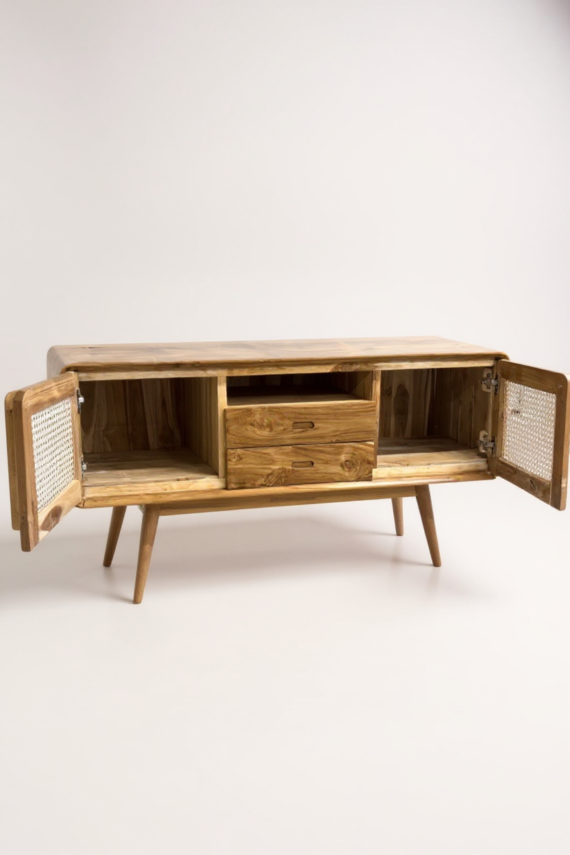 Meuble TV bas en rotin – Avec deux tiroirs et trois étagères – Teck massif – 60 x 150 x 45 cm