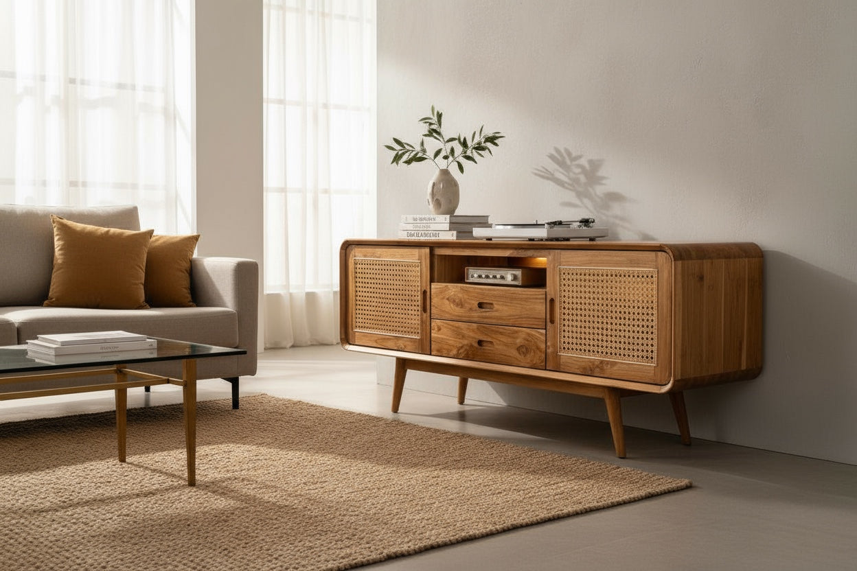 Meuble TV bas en rotin – Avec deux tiroirs et trois étagères – Teck massif – 60 x 150 x 45 cm