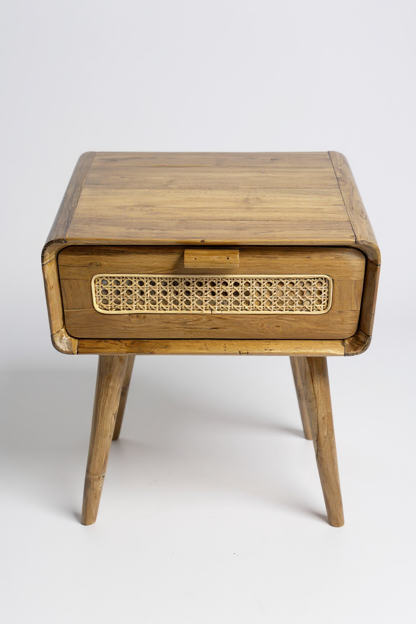 Table d'appoint en rotin – table de chevet – élégante avec tiroir – aspect vintage fait main en teck – 60x50x40 cm