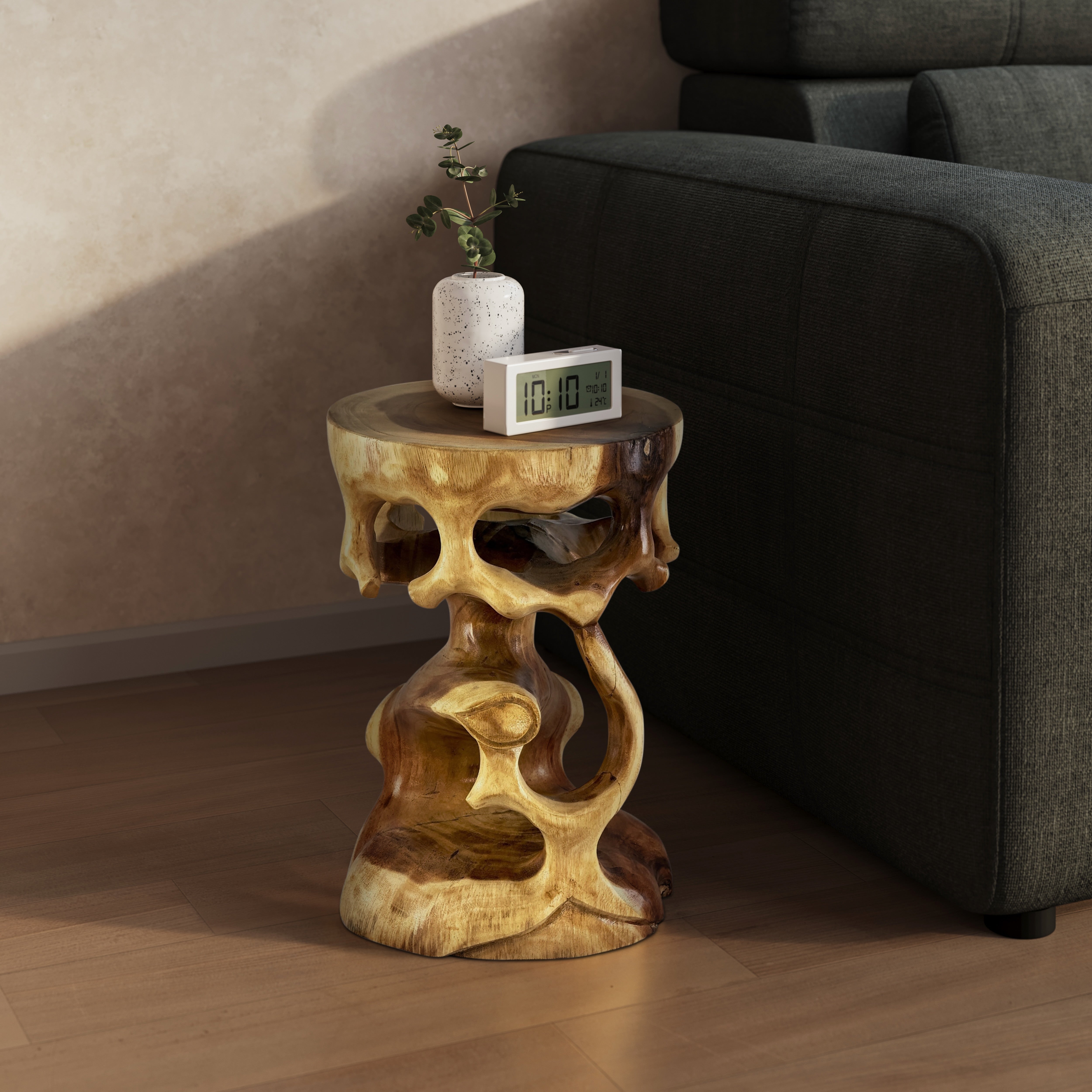 Table d'appoint en bois - tabouret en bois, tabouret à fleurs, tabouret - fait main - rond en style bonsaï, bois de Saman - 40x30x30 cm