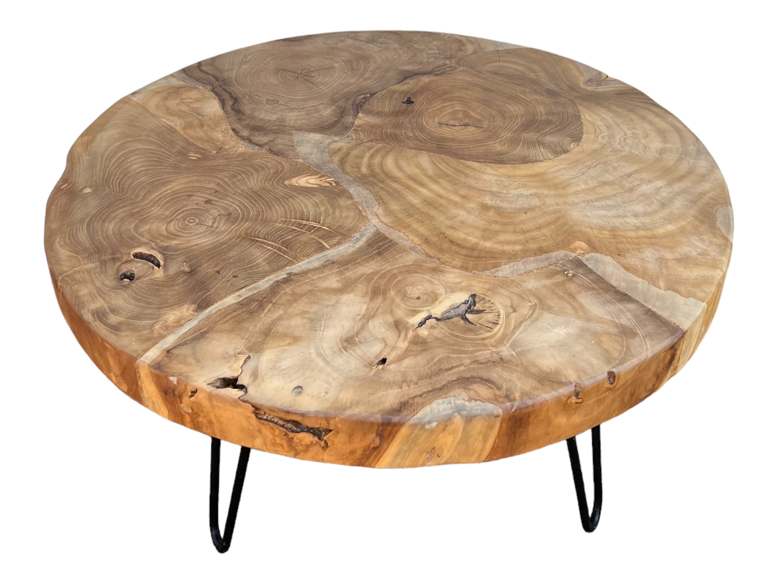 Table basse en bois – table d’appoint – avec trois pieds en métal – ronde en teck – 60x60x43 cm