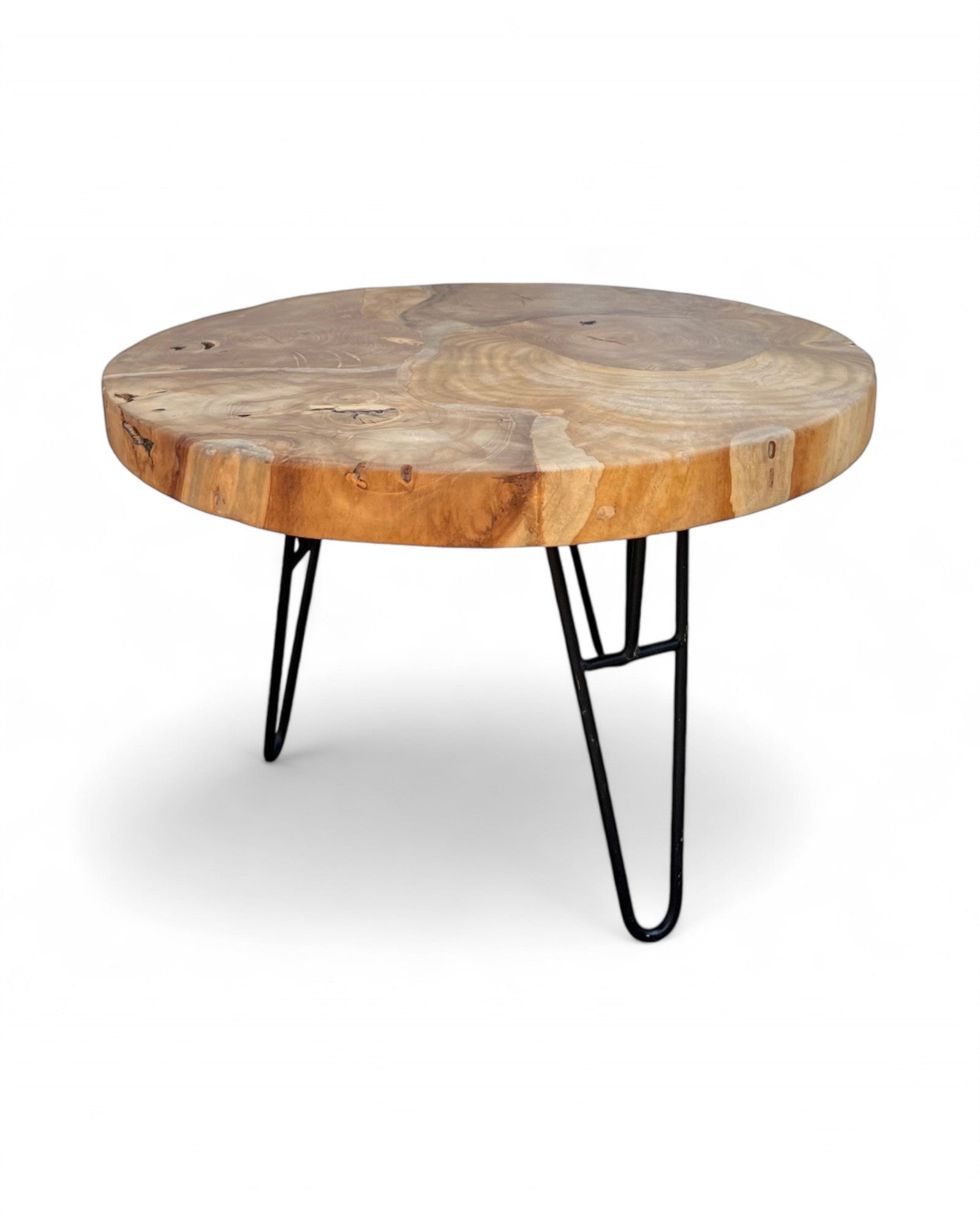 Table basse en bois – table d’appoint – avec trois pieds en métal – ronde en teck – 60x60x43 cm