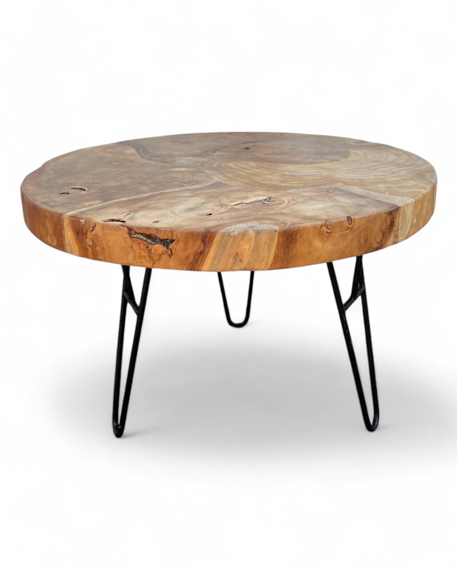 Table basse en bois – table d’appoint – avec trois pieds en métal – ronde en teck – 60x60x43 cm