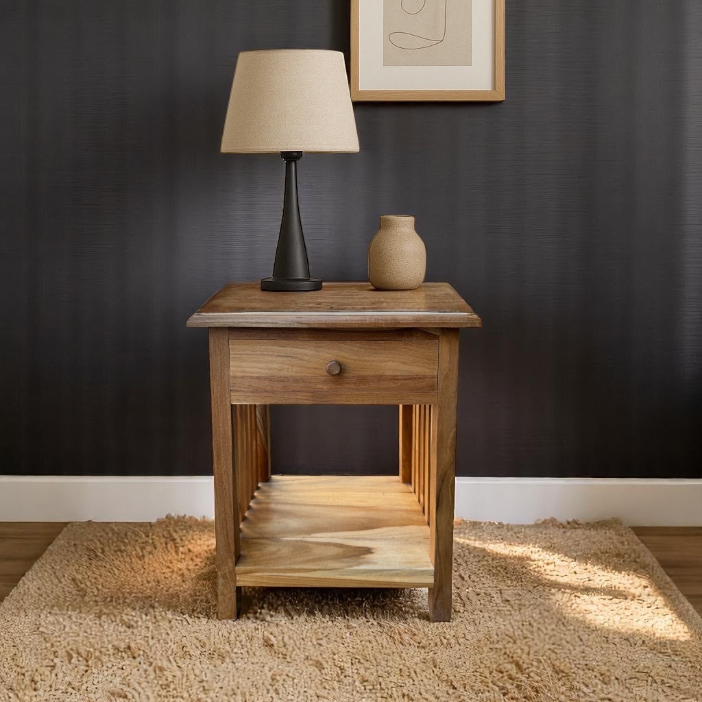Table de chevet en bois – table d’appoint table de nuit – look vintage en bois de teck massif – 50x40x30 cm