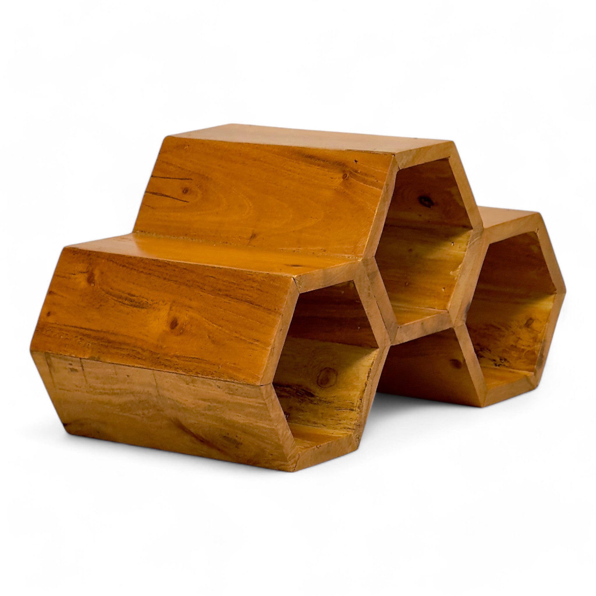 Holz Weinregal – Weinhalter Flaschenhalter - Küche Wohnzimmer Bar - Dekorative Honigwabenform – Aus Teakholz für 3 Flaschen – 18x34x18 cm - FaHome