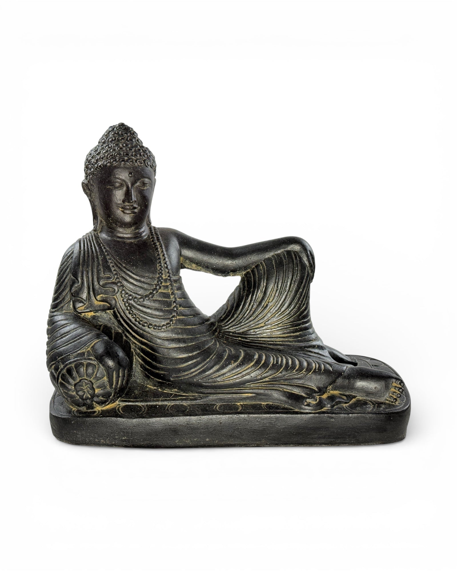 Lying Buddha Sculpture - Garden Terrace Living Room Decor - Weatherproof - Stone Figurine Meditation Black Gold - 30x35x15 cm