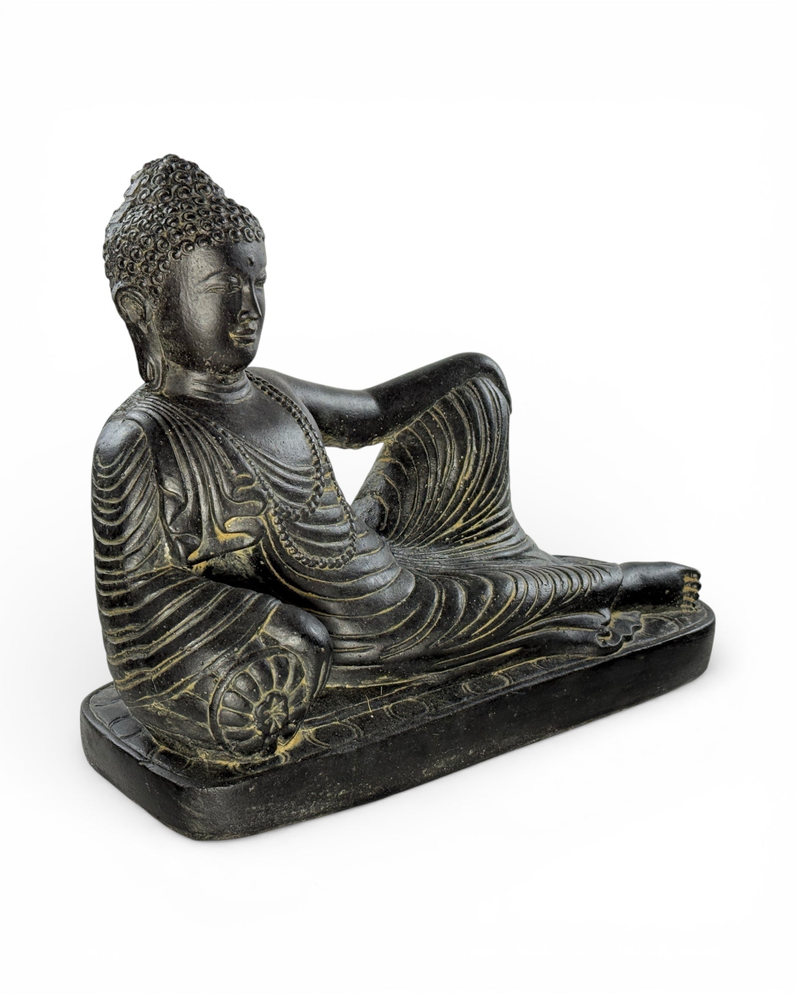 Lying Buddha Sculpture - Garden Terrace Living Room Decor - Weatherproof - Stone Figurine Meditation Black Gold - 30x35x15 cm