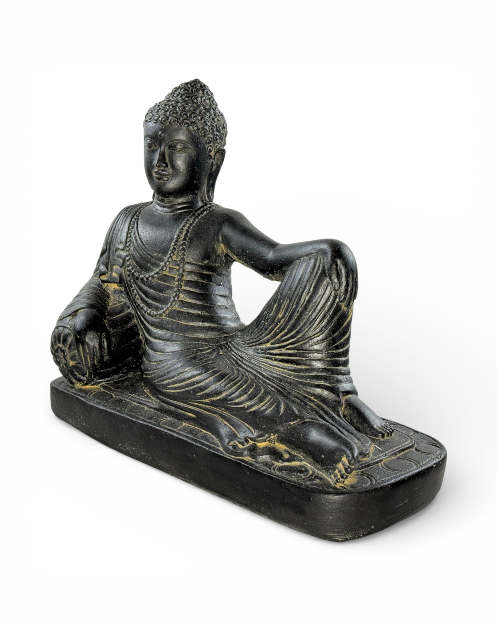 Lying Buddha Sculpture - Garden Terrace Living Room Decor - Weatherproof - Stone Figurine Meditation Black Gold - 30x35x15 cm