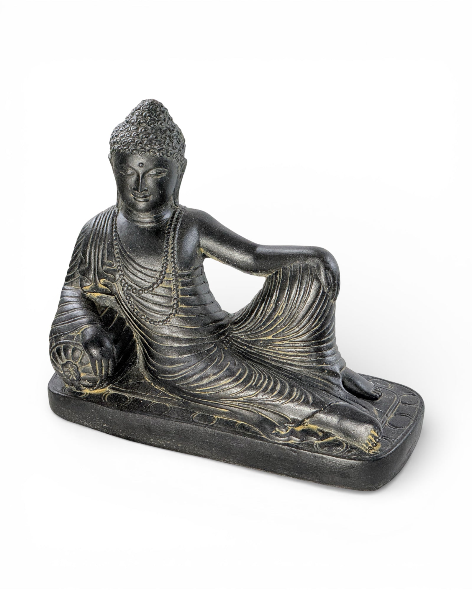 Lying Buddha Sculpture - Garden Terrace Living Room Decor - Weatherproof - Stone Figurine Meditation Black Gold - 30x35x15 cm