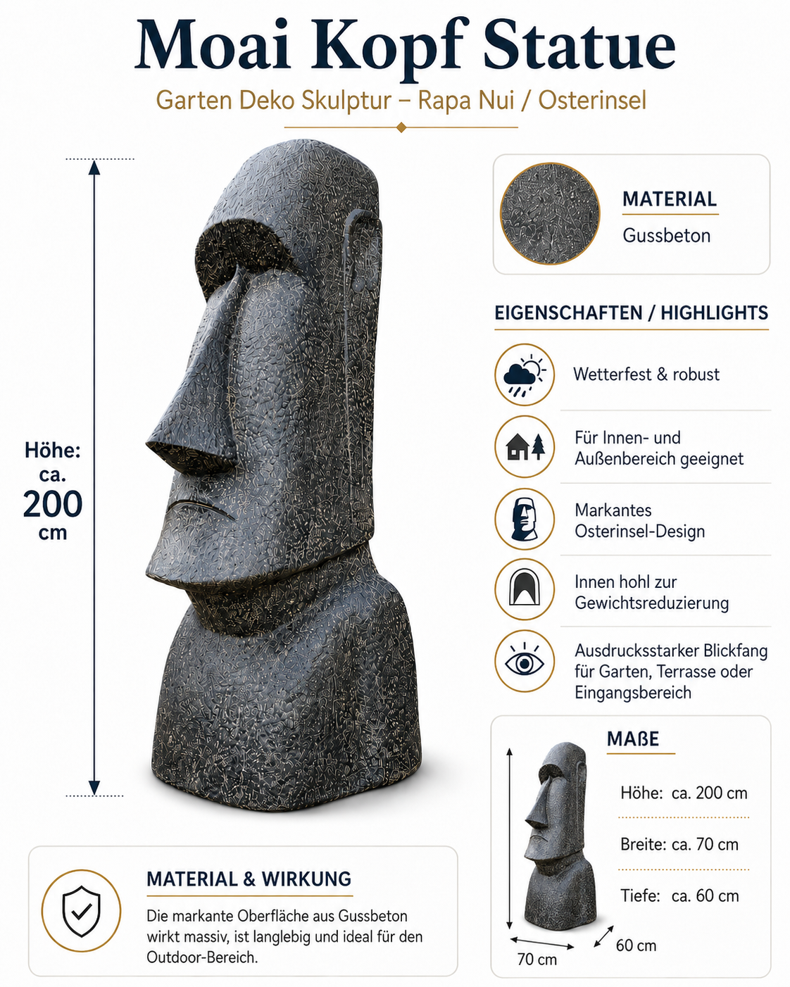 Moai Head Statue - Garden Decoration Sculpture - Weatherproof - Rapa Nui Easter Island Figure made of Fiberglass Concrete Gray - 200x70x60 cm