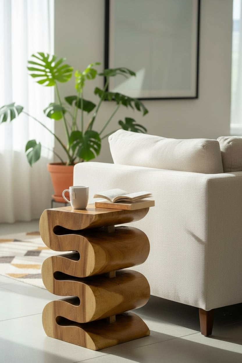 Tabouret en bois - table d'appoint, tabouret à fleurs, table de rangement - fait main - serpent naturel en bois de suar massif - 50x30x30 cm