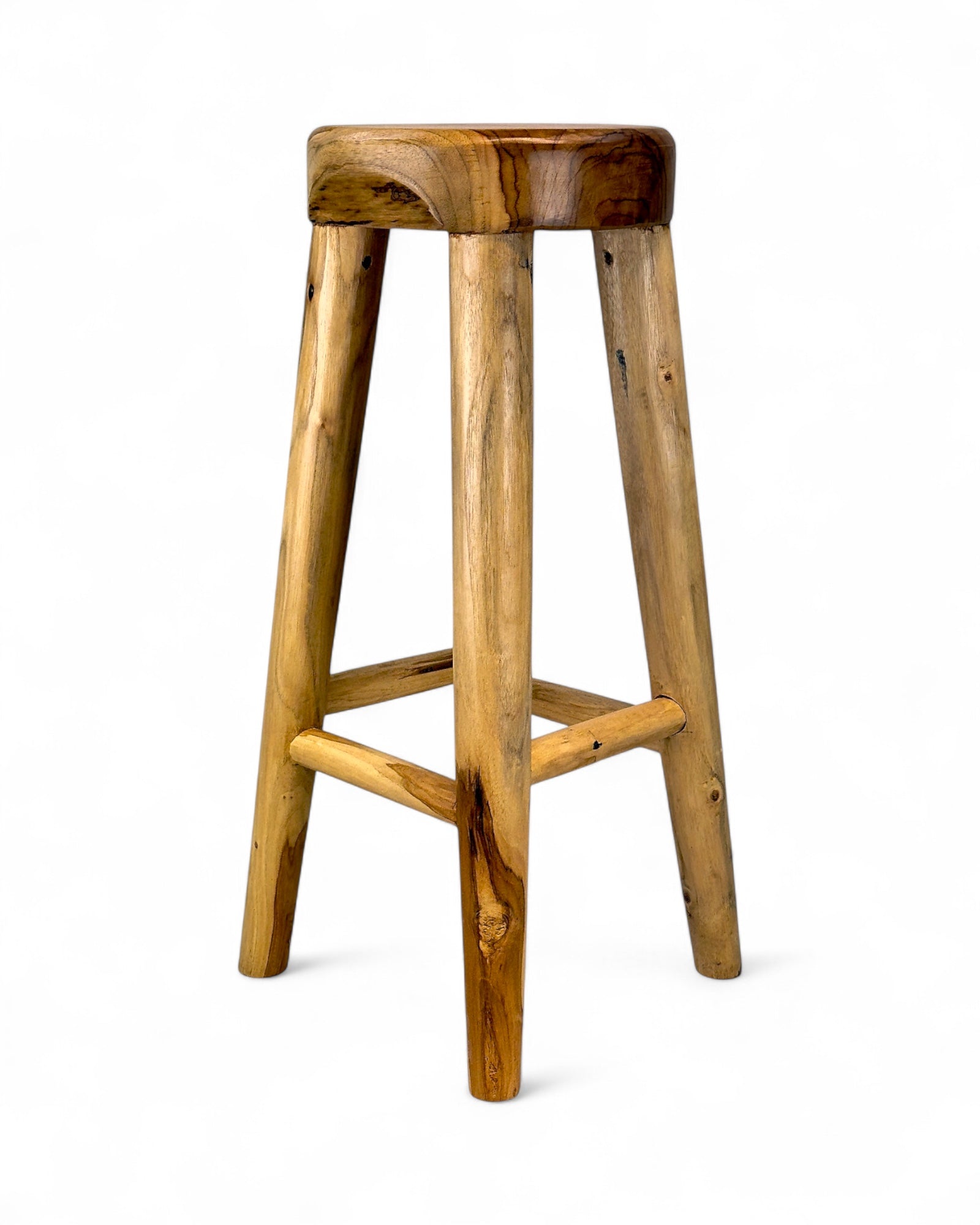 Tabouret de bar en bois massif – Tabouret rustique en bois artisanal – Assise ronde pour cuisine, bar et salle à manger – 30x75 cm