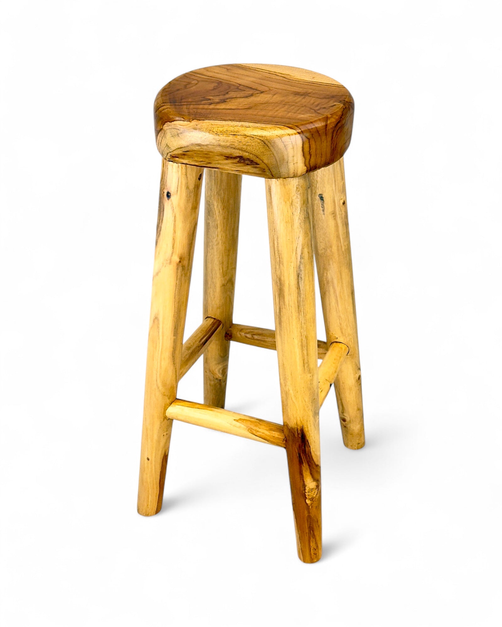 Tabouret de bar en bois massif – Tabouret rustique en bois artisanal – Assise ronde pour cuisine, bar et salle à manger – 30x75 cm