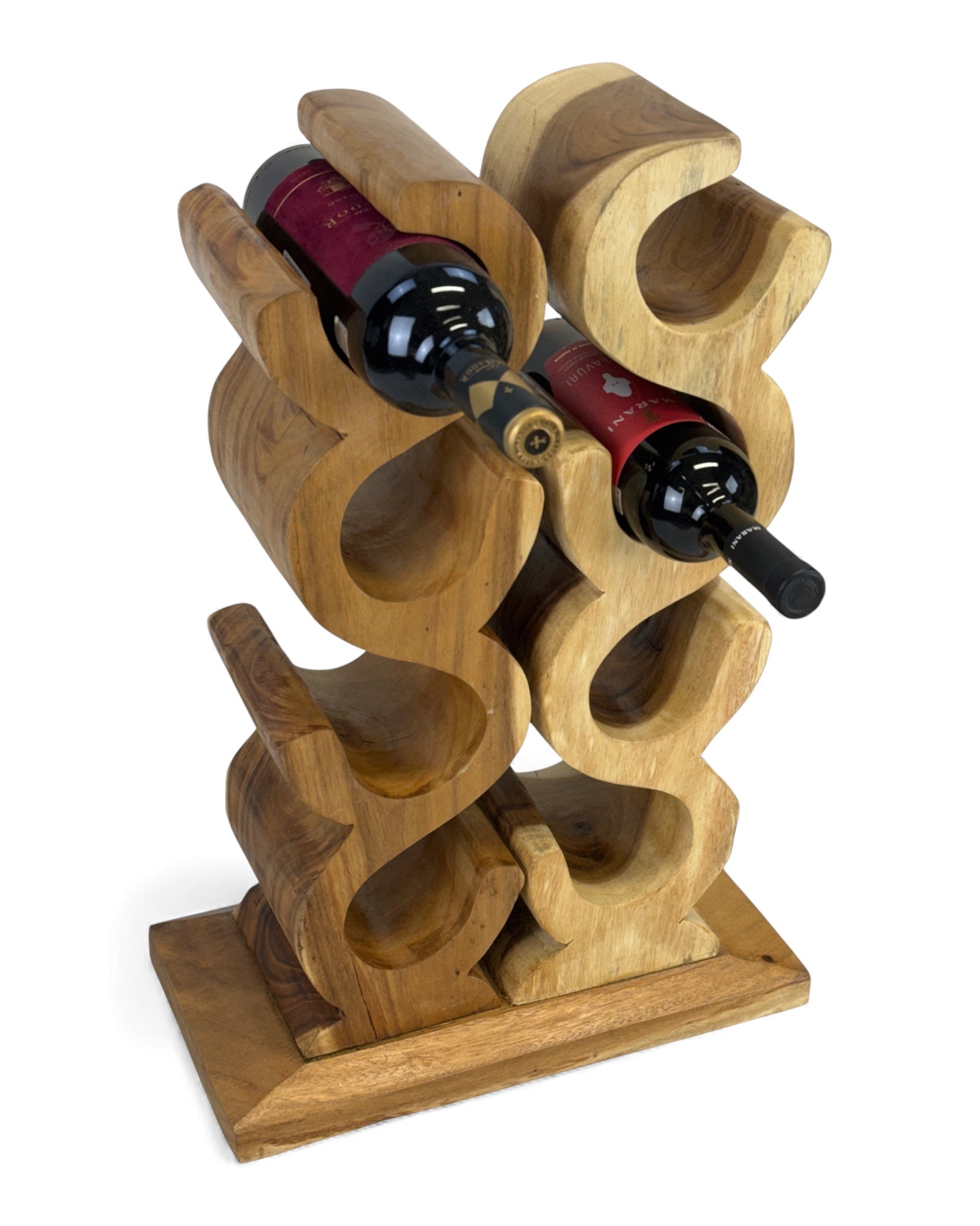 Holz Weinregal – Weinhalter Flaschenhalter - Küche Wohnzimmer Bar - Dekorativ Geschwungen – Aus Teakholz für 8 Flaschen – 60x40x20 cm