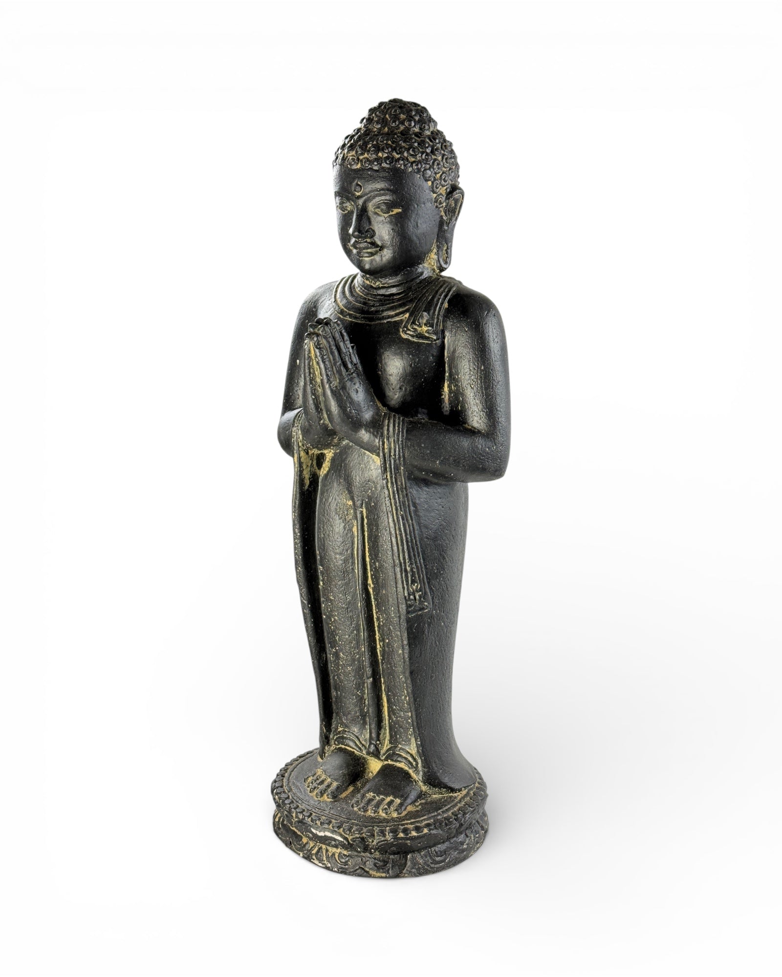 Buddha Figur stehend betend – Garten Terrasse Eingangsbereich Deko – Wetterfest – Stein Statue Namaste schwarz gold – 50x18x16 cm