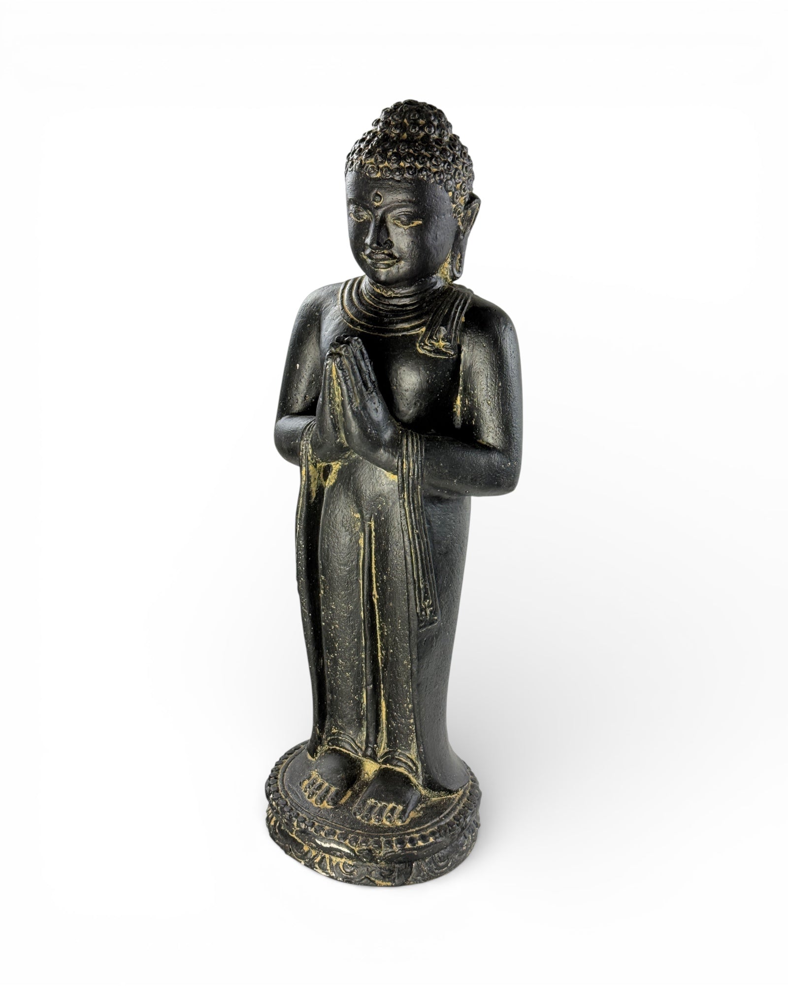 Buddha Figur stehend betend – Garten Terrasse Eingangsbereich Deko – Wetterfest – Stein Statue Namaste schwarz gold – 50x18x16 cm