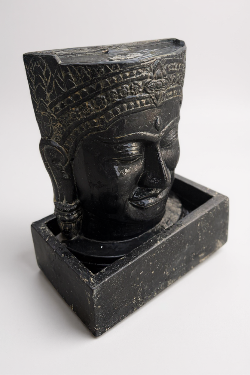 Khmer Kopf Springbrunnen - Garten Deko Wasserfall - Wetterfest - Steinguss Buddha Wasserspiel - 57x48,5x28 cm