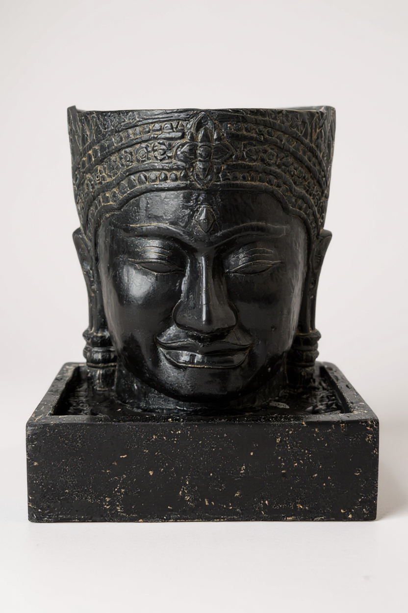 Khmer Kopf Springbrunnen - Garten Deko Wasserfall - Wetterfest - Steinguss Buddha Wasserspiel - 57x48,5x28 cm