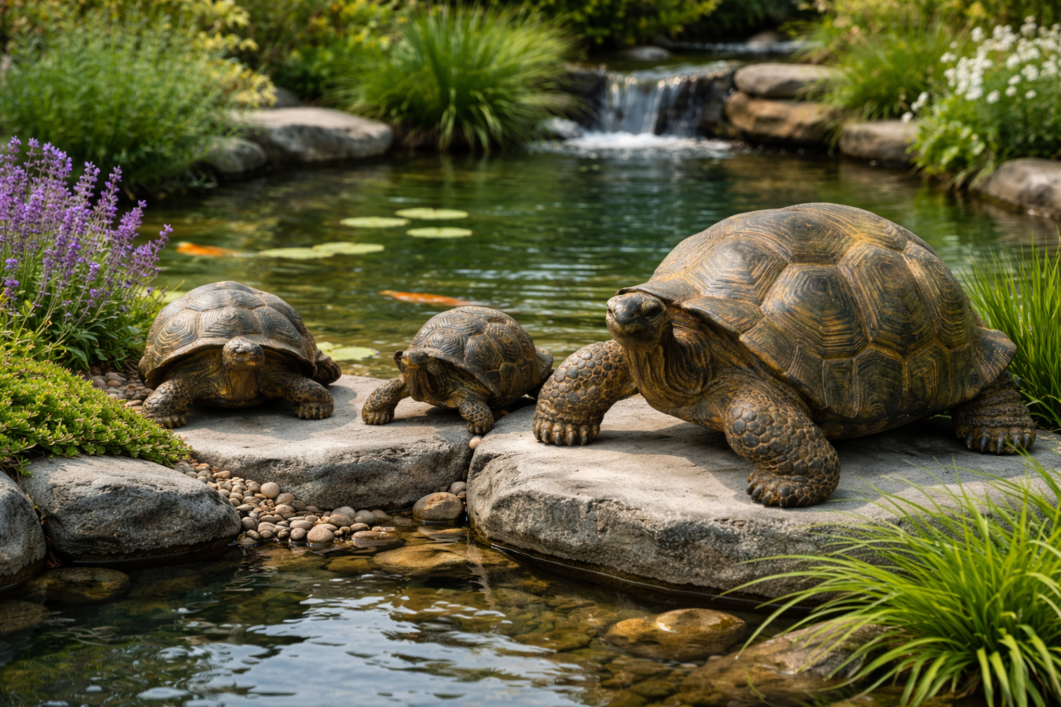 Stein Schildkröten – Pool, Garten, Terrasse - Langlebig und Wetterbeständig – Gelblich aus Glasfaserbeton – 32, 47 und 65 cm