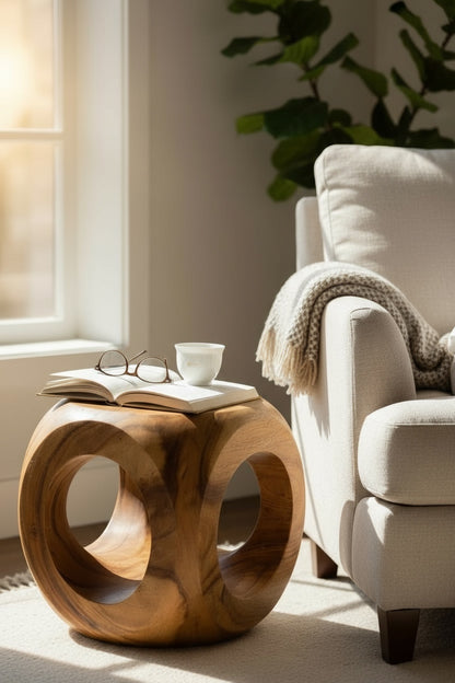 Tabouret en bois – Table d'appoint pour plantes – Moderne avec découpe ronde – Forme cubique en bois massif – 40 x 40 x 40 cm