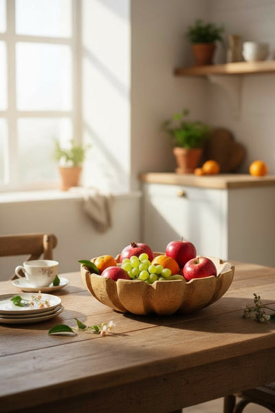 Holzschale rund in Blütenform – handgefertigte Massivholz Schale, dekorative Obstschale & Wohnaccessoire - Ø45 cm