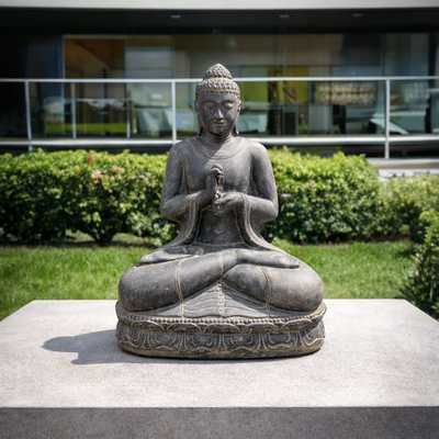 Statue de Bouddha en pierre résistante aux intempéries, 150 cm - Sculpture harmonieuse pour l'extérieur en mélange de pierre de sable de lave