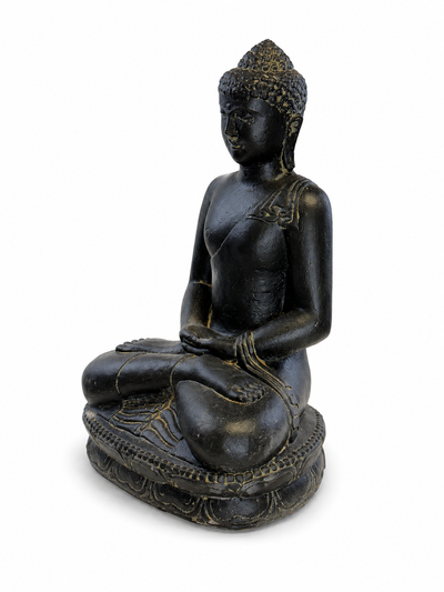 Stein Buddha Skulptur – Sitzende Buddha Figur – Schwarz-Gold – Handgefertigt, dekorativ und ausdrucksstark – 45x30x20 cm