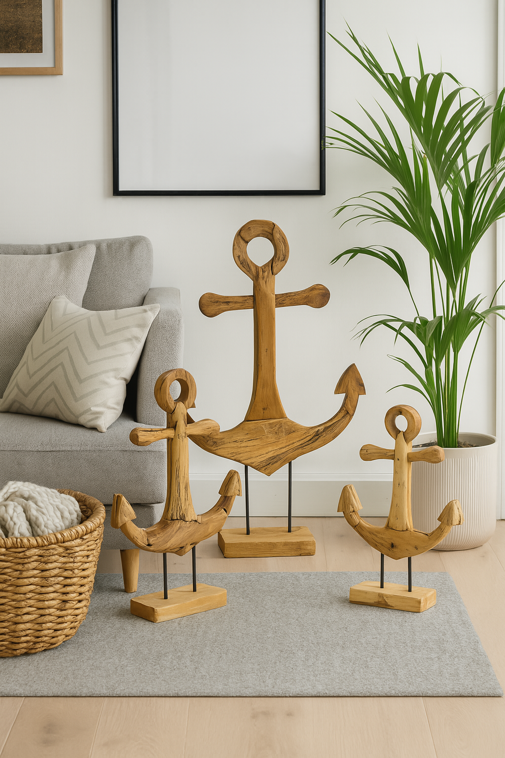 Teak anchor - Decorative sculpture - High-quality handmade craftsmanship - Standing on a plinth - 50, 75 and 100 cm high
