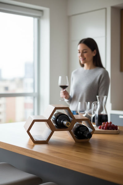 Holz Weinregal – Weinhalter Flaschenhalter - Küche Wohnzimmer Bar - Dekorative Honigwabenform – Aus Teakholz für 3 Flaschen – 18x34x18 cm