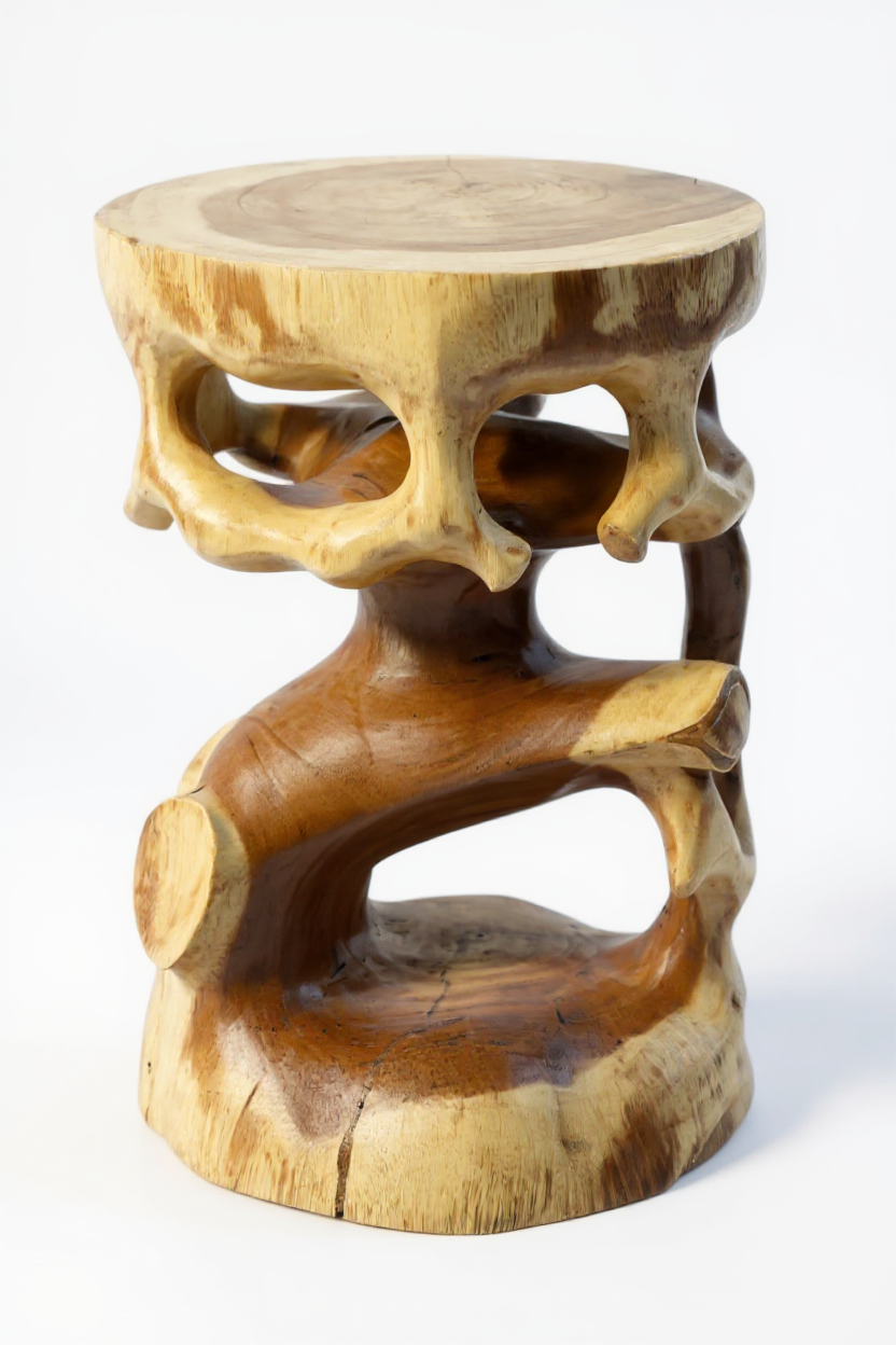 Table d'appoint en bois - tabouret en bois, tabouret à fleurs, tabouret - fait main - rond en style bonsaï, bois de Saman - 40x30x30 cm