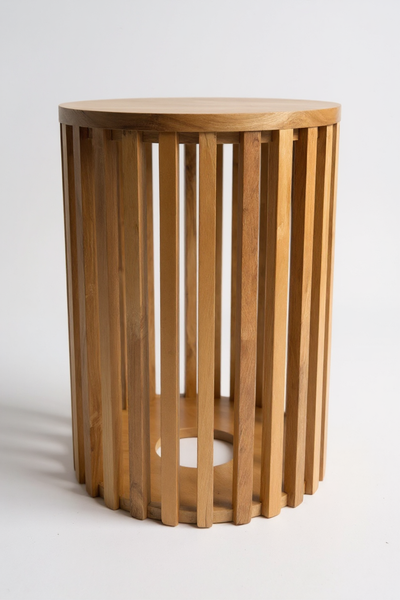 Teakholz-Beistelltisch - Holzhocker Couchtisch - Handgefertigt aus Massivholz – Holzleisten Rund - 50x30x30 cm