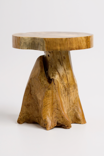 Tabouret en bois – table d’appoint, tabouret à fleurs, table de rangement – ​​fait main – forme naturelle en teck massif – 45x40x40 cm