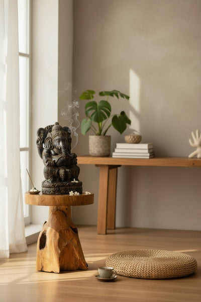 Sculpture de Ganesh - Décoration de pièce - Déité hindoue de la bonne chance - Mélange de pierres Éléphant jaune - 45x25x25 cm