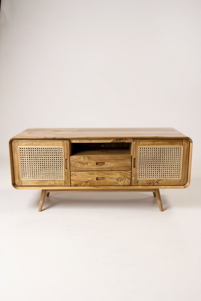 Meuble TV bas en rotin – Avec deux tiroirs et trois étagères – Teck massif – 60 x 150 x 45 cm