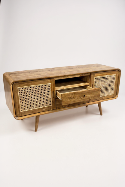 Meuble TV bas en rotin – Avec deux tiroirs et trois étagères – Teck massif – 60 x 150 x 45 cm