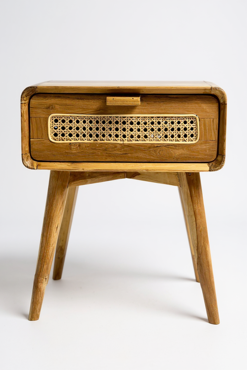 Table d'appoint en rotin – table de chevet – élégante avec tiroir – aspect vintage fait main en teck – 60x50x40 cm