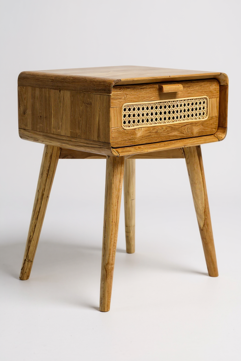 Table d'appoint en rotin – table de chevet – élégante avec tiroir – aspect vintage fait main en teck – 60x50x40 cm
