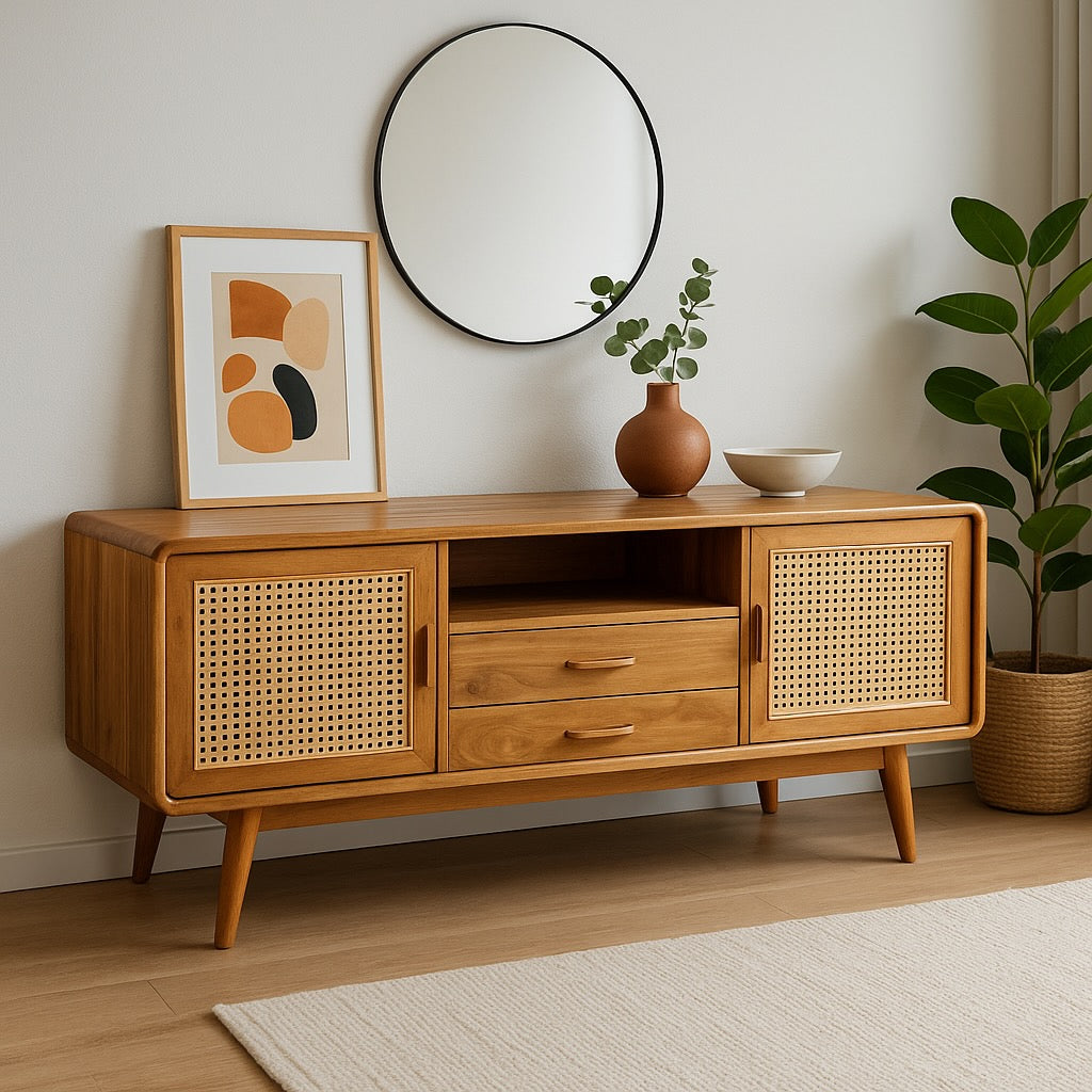 Meuble TV bas en rotin – Avec deux tiroirs et trois étagères – Teck massif – 60 x 150 x 45 cm