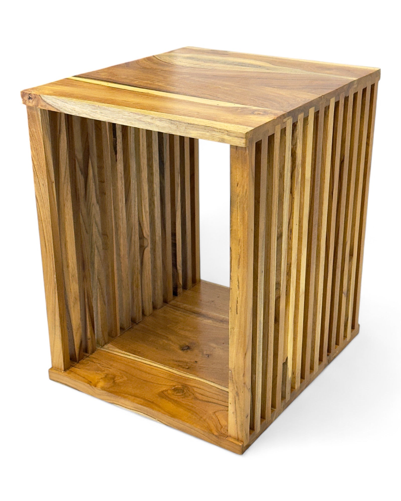 Teak side table - wooden stool coffee table - handmade from solid wood - wooden slats cube - 45x35x40 cm