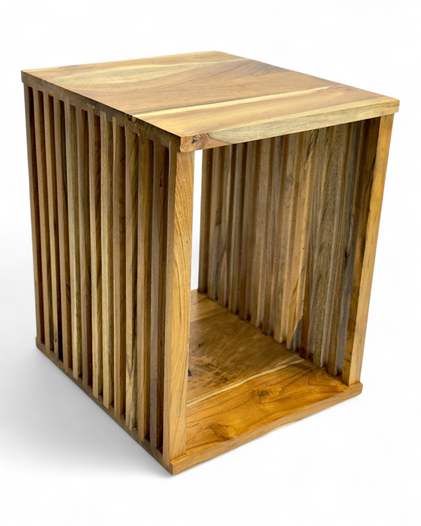 Teak side table - wooden stool coffee table - handmade from solid wood - wooden slats cube - 45x35x40 cm