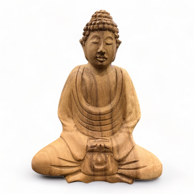 Buddha Statue - Decorative Room Decoration Artwork - Hand Carved - Natural Teak Wood - 15x12x8 cm