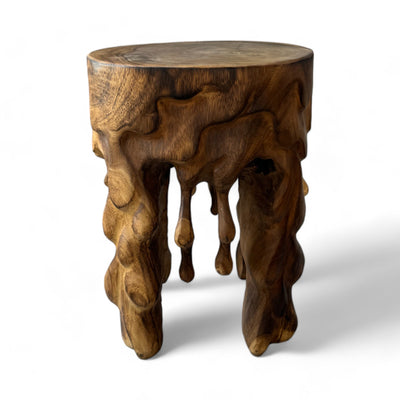 Flambierter Holzhocker - Beistelltisch Blumenhocker Ablagetisch - Unikat Handgefertigt  - Rund Tropfend aus massivem Suarholz- 45x35x35 cm